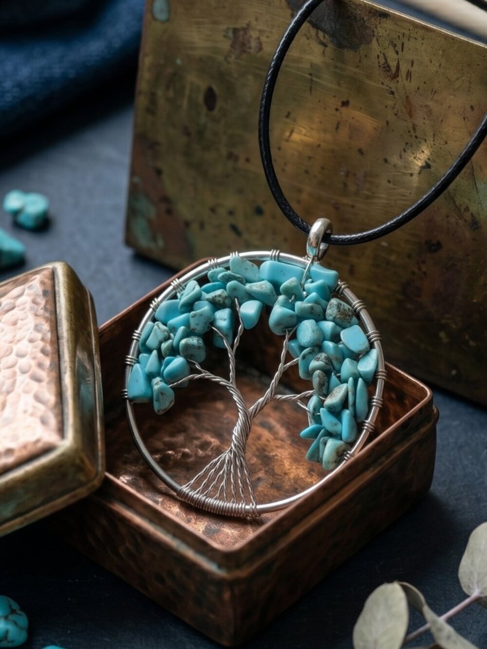 Genuine Turquoise Tree of Life Wire Wrapped Pendant Necklace Boho Statement 20"